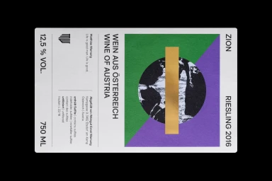 Minimalist graphic wine label design for Zion Wine featuring geometric green and purple colour blocks and a central gold foil bar.