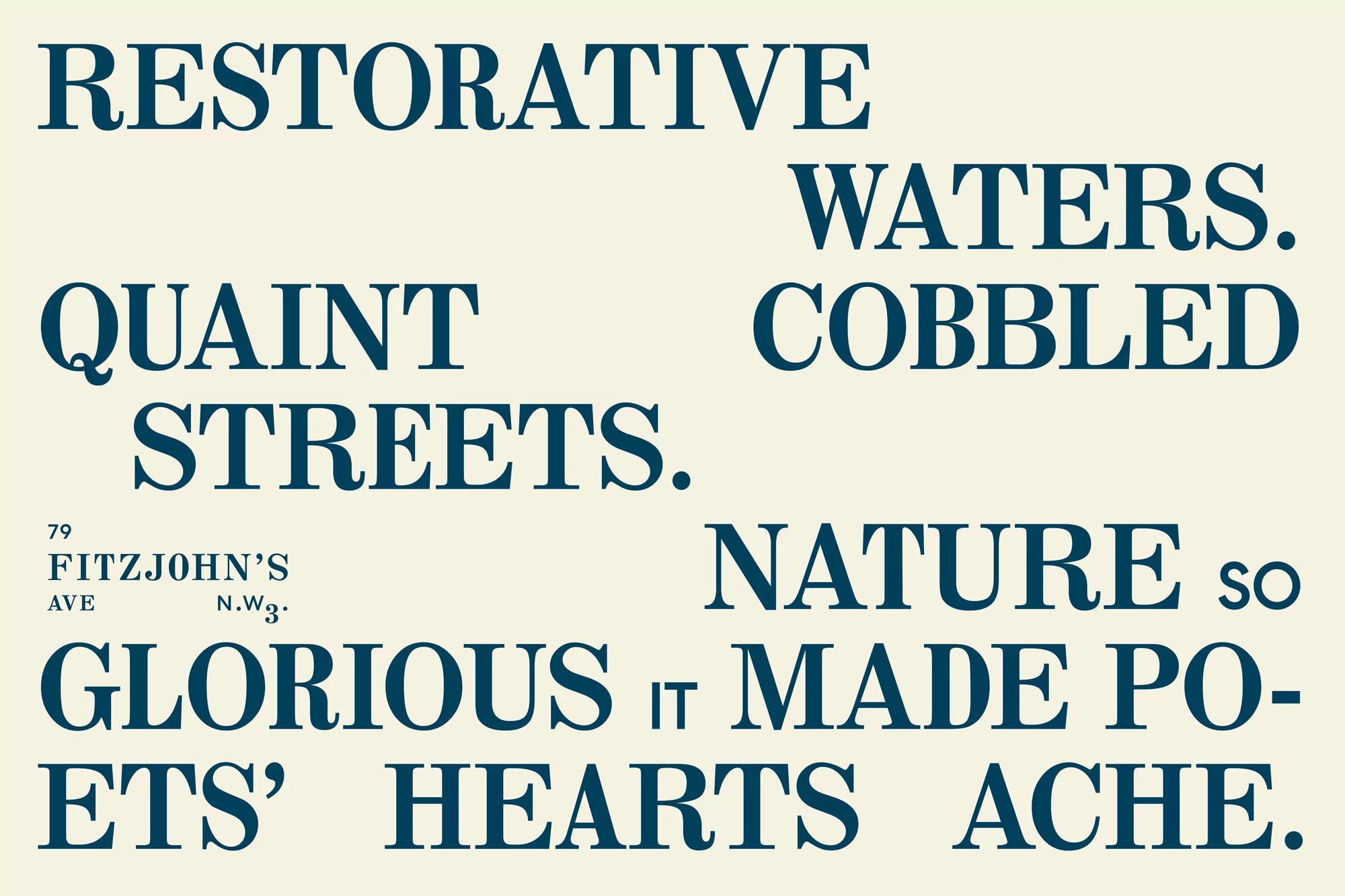 Text-based art featuring words like 'restorative,' 'quaint,' and 'nature' in dark teal against a light beige background, creating an artistic display.