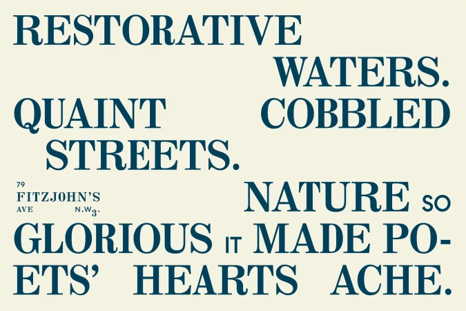 Text-based art featuring words like 'restorative,' 'quaint,' and 'nature' in dark teal against a light beige background, creating an artistic display.