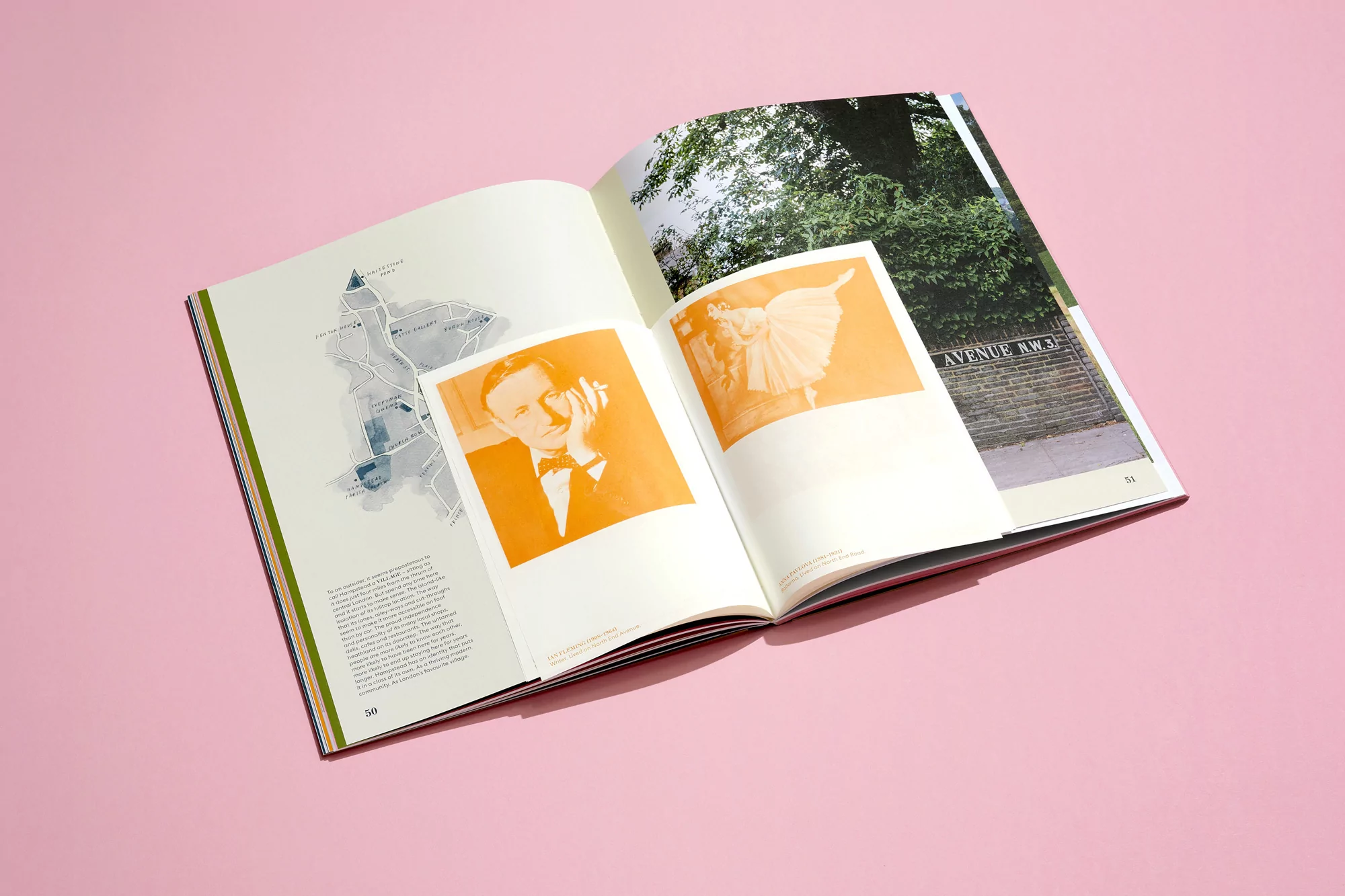 Open magazine displays vintage photos, a street map, and an 'Avenue Away' street scene on a pink backdrop, with text on adjacent pages.