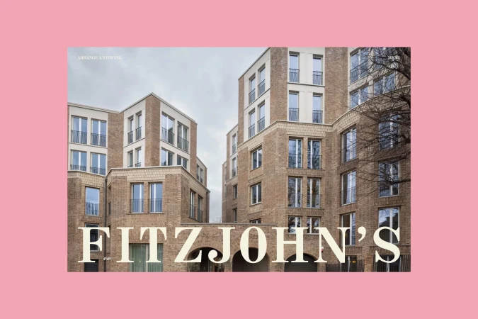 Exterior view of a modern brick apartment complex under a cloudy sky, framed by a pink border and featuring bold 'FITZJOHN'S' text.