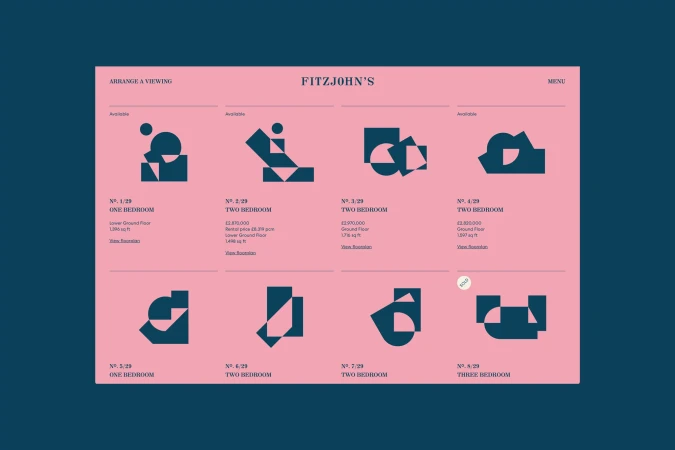 Web design for Fitzjohn's property listings featuring geometric design elements against a pink and blue color scheme, promoting real estate.