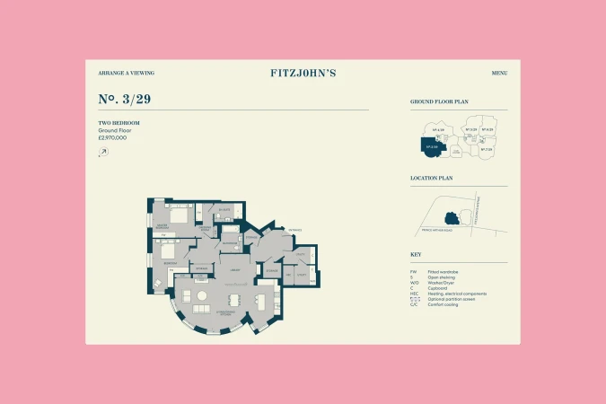 Architectural floor plan of a two-bedroom apartment, featuring a detailed layout and location plan, set against a light background.