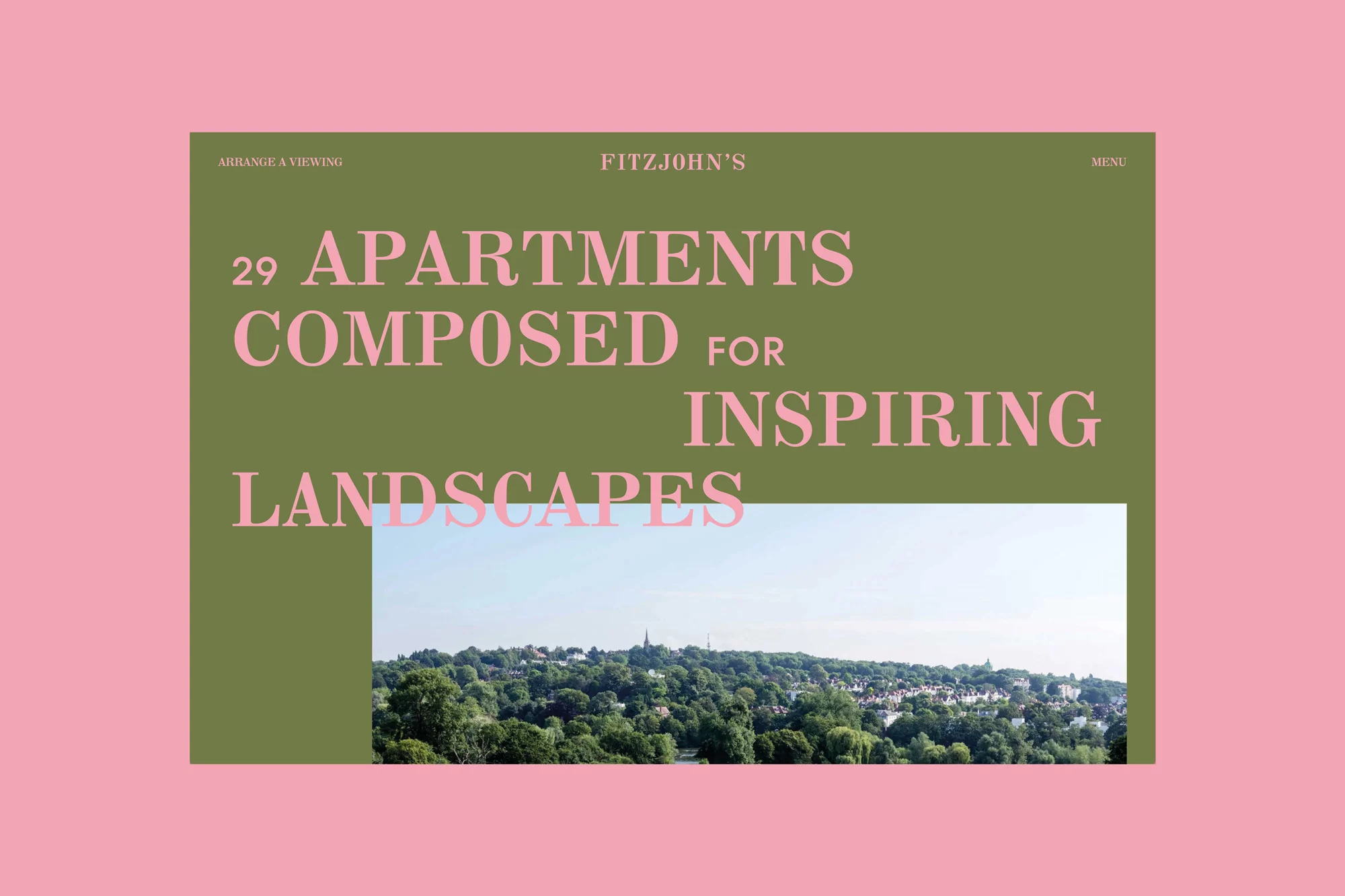 Digital render featuring a landscape view of trees and buildings, presented with green and pink text on a webpage design.