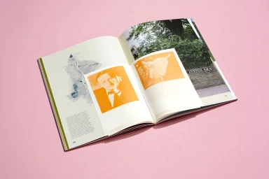 An open book displaying typography, maps, and photographic inserts resting on a solid pink surface