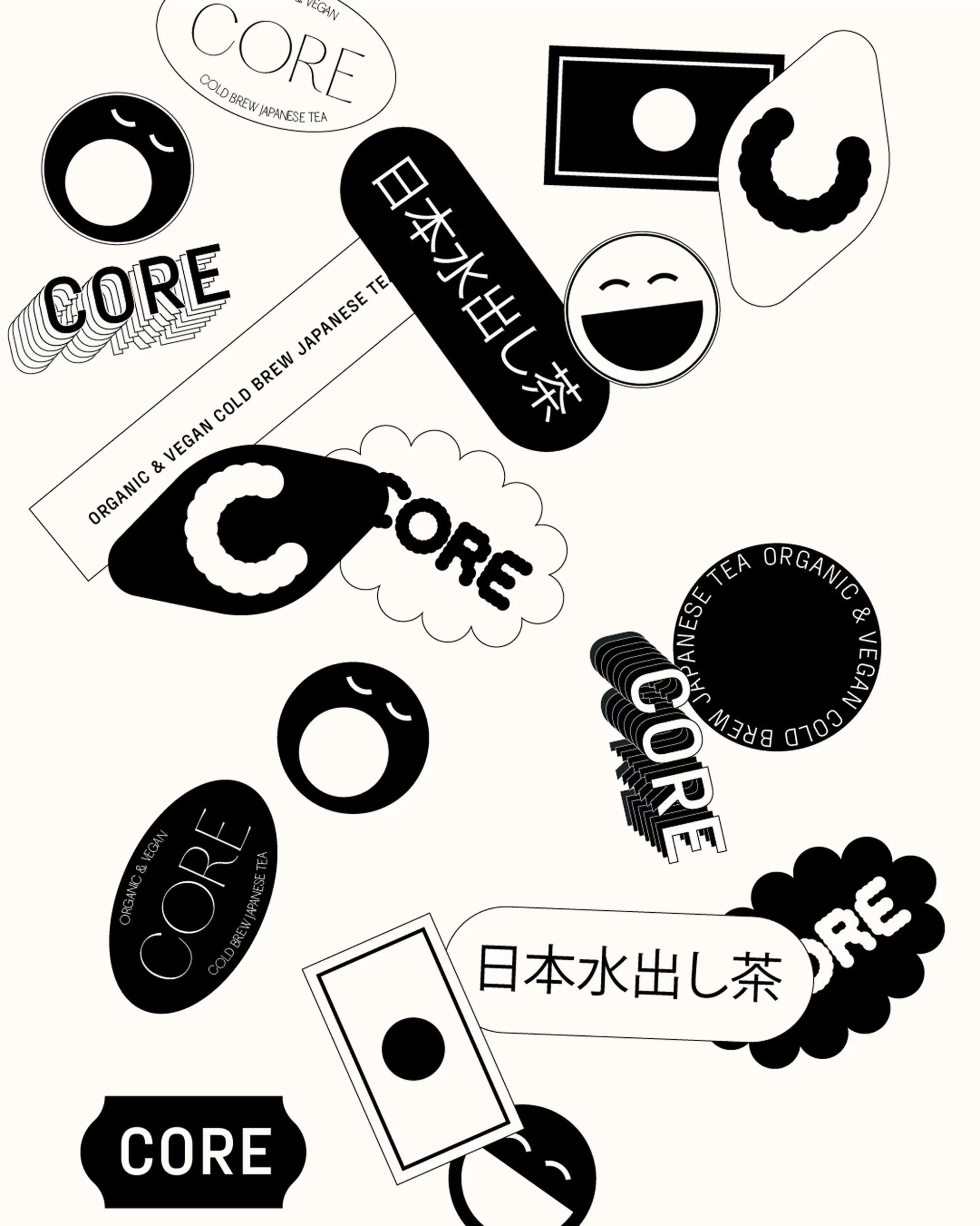 Digital art featuring stylized black and white graphics, including smileys, logos, and Japanese text, all scattered across a clean white background.