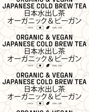 Graphic design featuring repeating text in English and Japanese promoting organic and vegan Japanese cold brew tea, set on a background of circles.