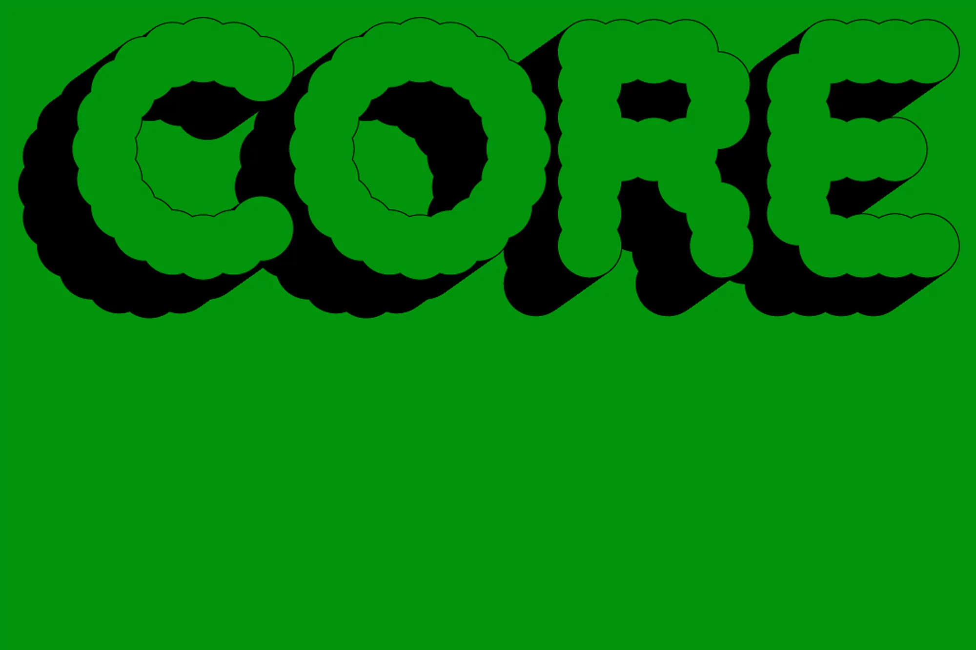 Illustration of the word 'CORE' in bubbly, green font with a black shadow effect against a solid green background.