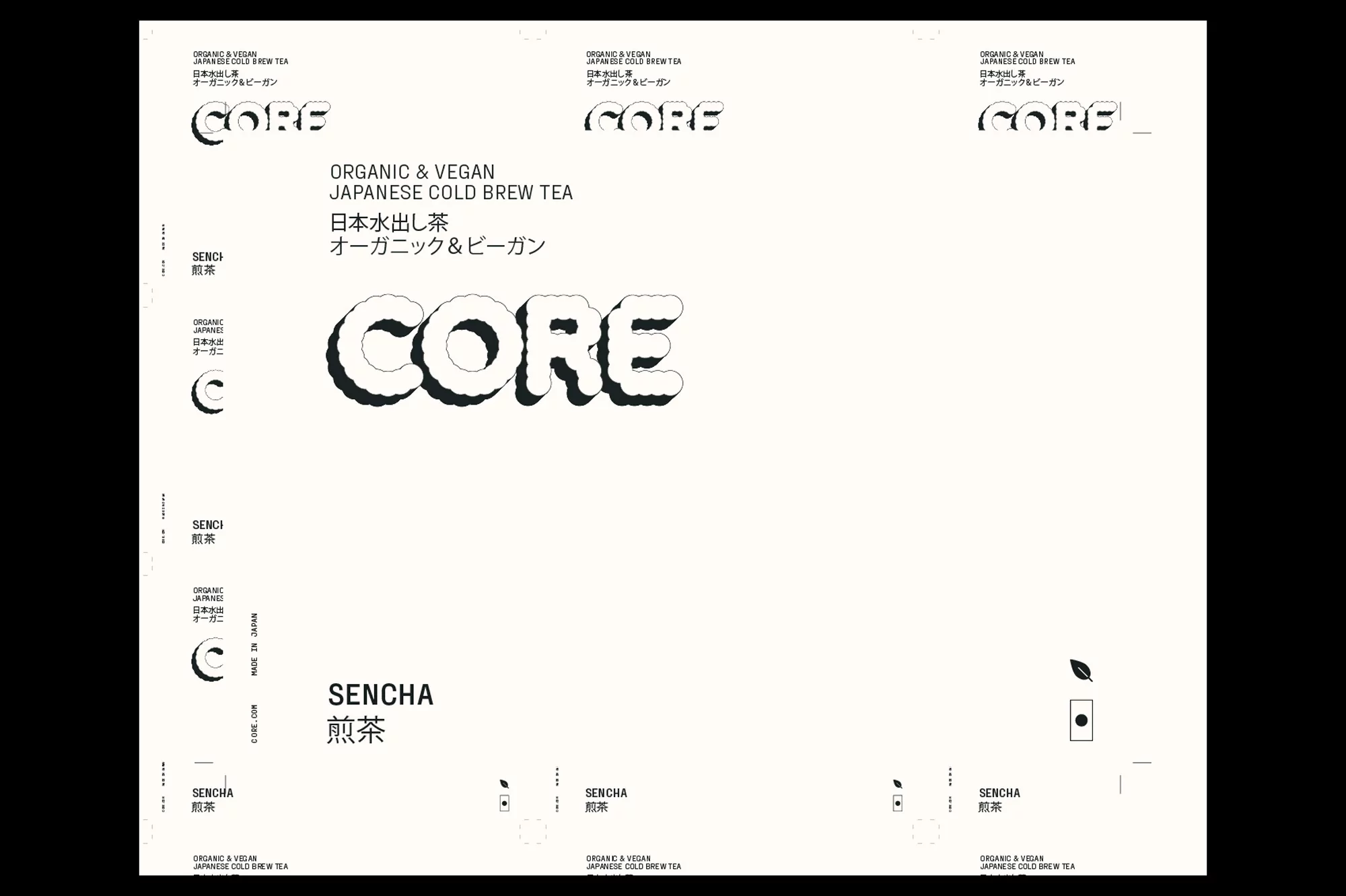 Graphic design of Core organic and vegan Japanese cold brew tea label with bold typography and minimalist illustrations on a light background.