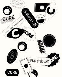 Monochrome brand identity graphic featuring assorted sticker designs with Japanese text and the CORE logo