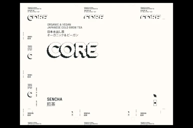 Monochrome graphic design packaging layout for CORE organic Japanese cold brew tea featuring bold typography on white paper.