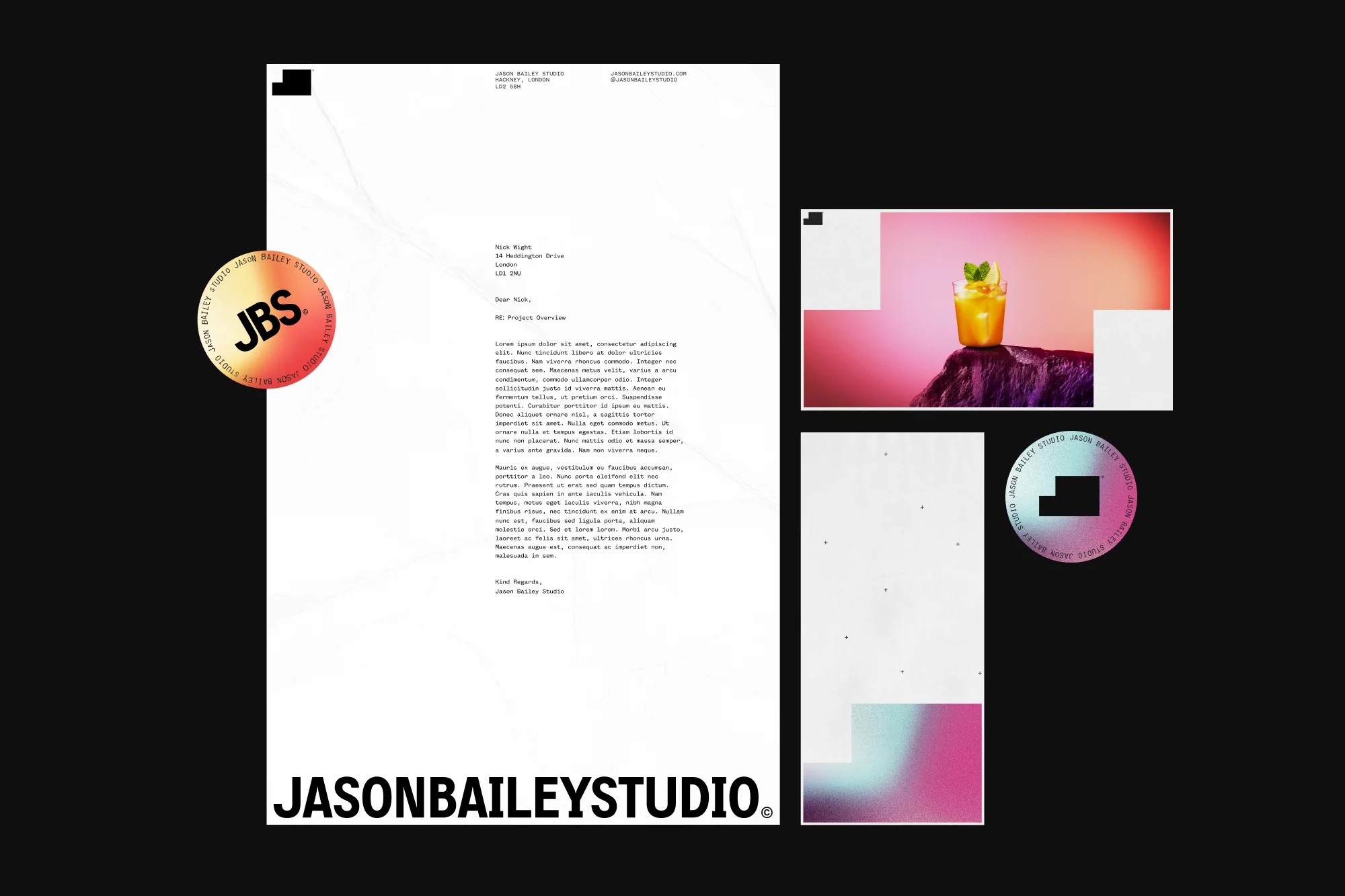 A graphic design presentation featuring a letterhead, a drink image, and design elements, all arranged on a black background.