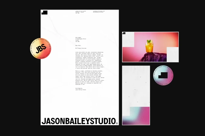A graphic design presentation featuring a letterhead, a drink image, and design elements, all arranged on a black background.
