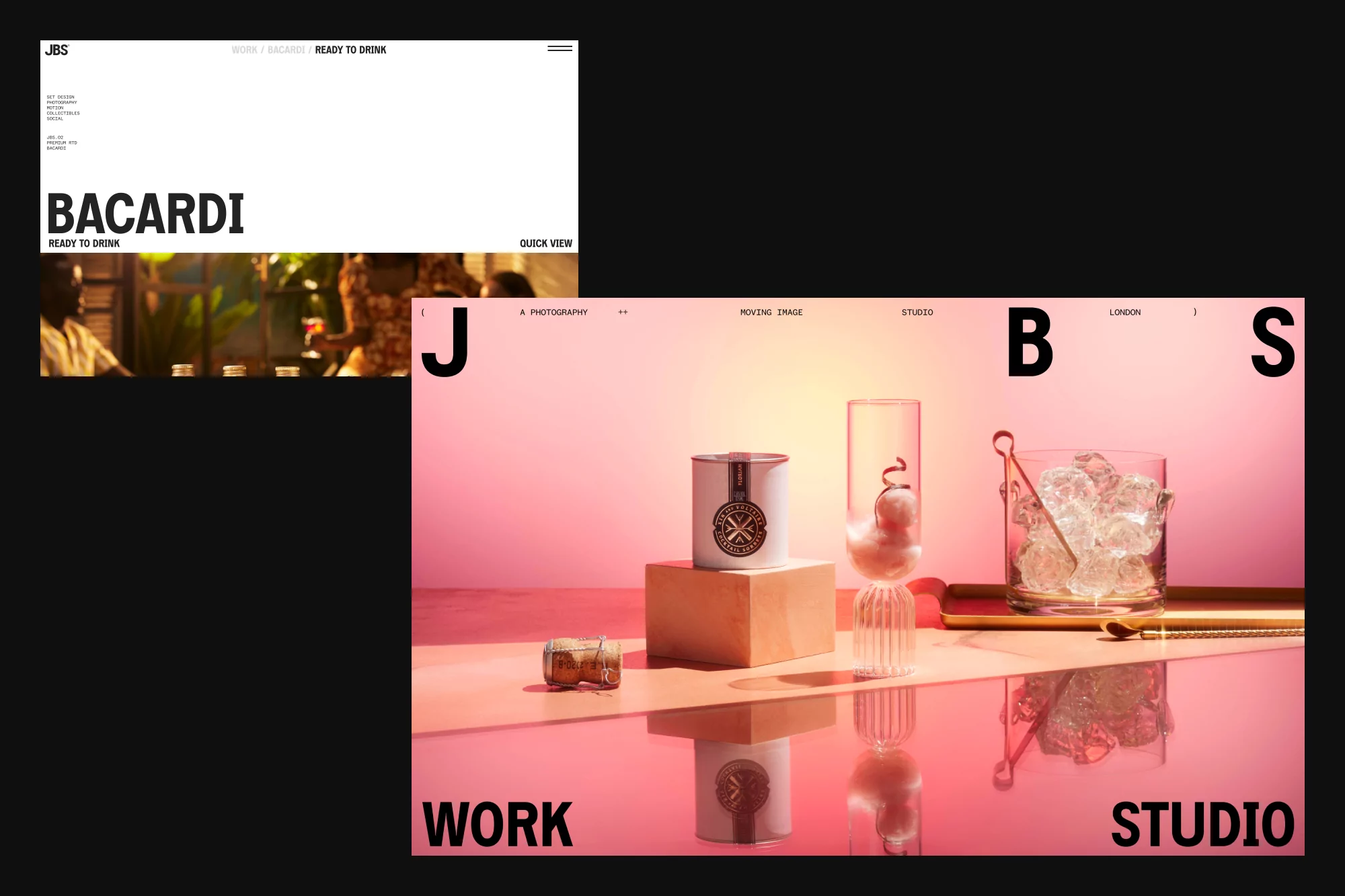 Website advertisement showcasing a promotional cocktail image with glassware, cocktail ingredients, and a white branded liquor can.