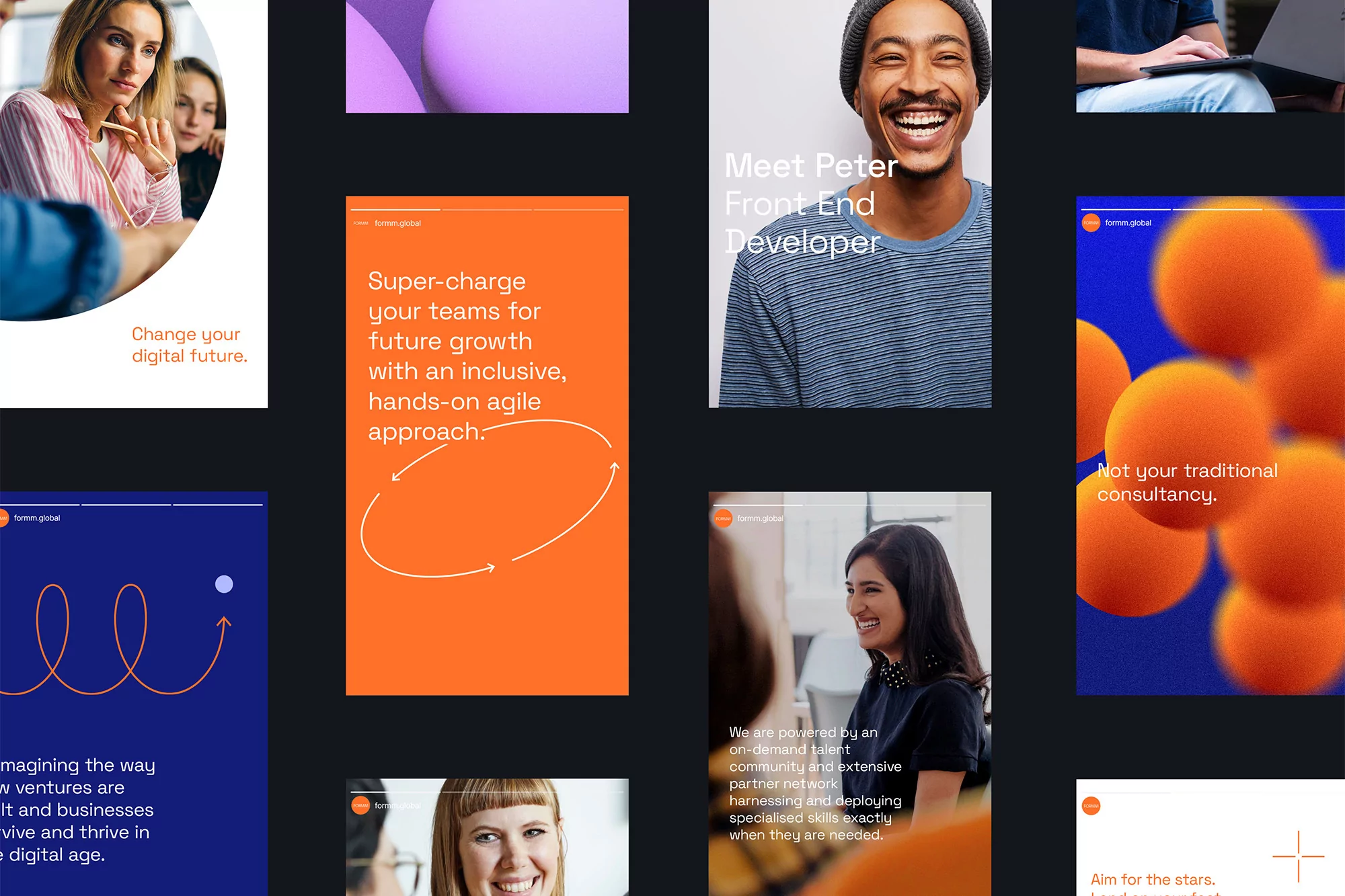 Collage of diverse people and graphic elements with positive messages. Promoting inclusivity, talent, and digital future concepts.