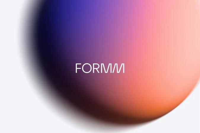 A smooth spherical gradient shape shifting from deep indigo to warm orange with white typography reading FORMM