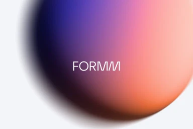 A smooth spherical gradient shape shifting from deep indigo to warm orange with white typography reading FORMM