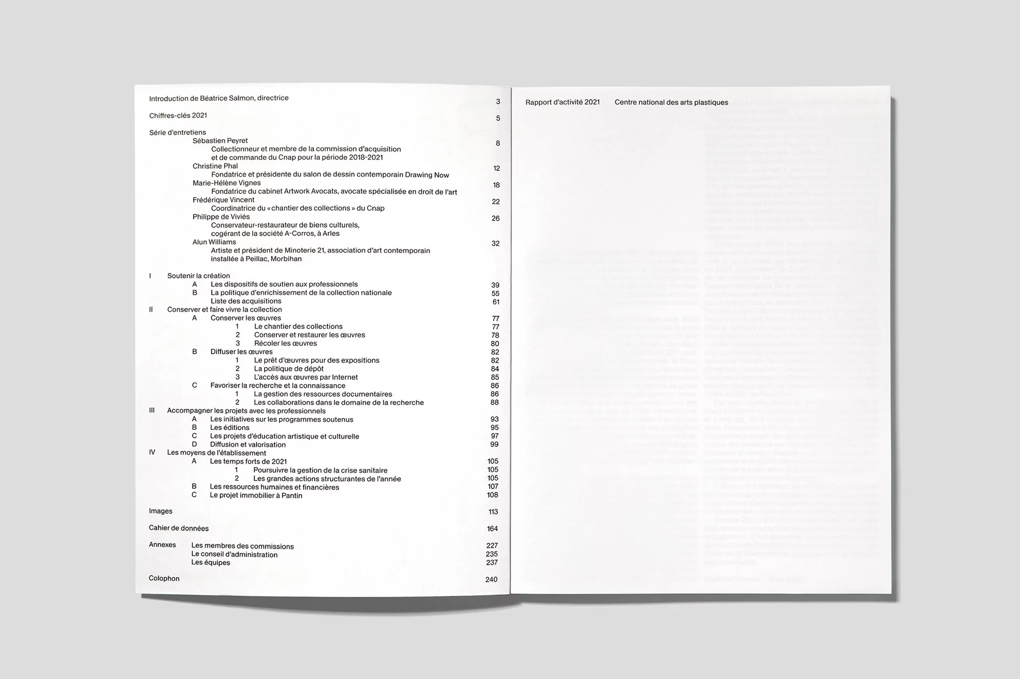 Open magazine featuring text in French, showcasing a report or informational content with organized sections and clear typography.