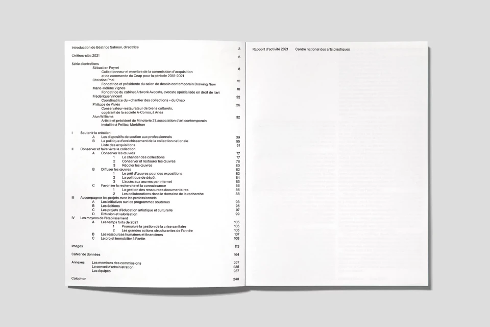 Open magazine featuring text in French, showcasing a report or informational content with organized sections and clear typography.