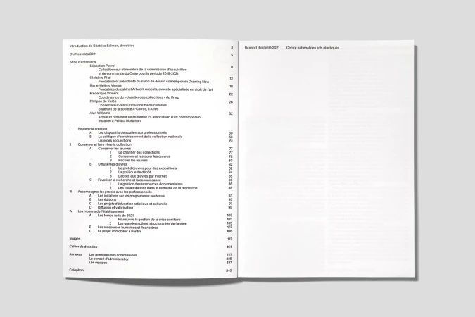 Open magazine featuring text in French, showcasing a report or informational content with organized sections and clear typography.