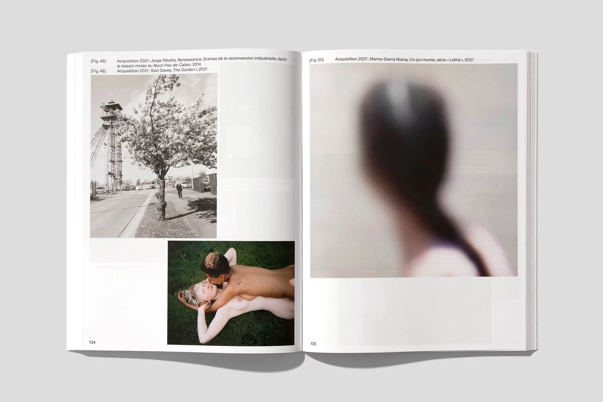 Open book spread displaying two photographs; one of a tower and tree, the other of a blurred figure. White background.