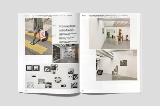 Magazine spread featuring a person walking across a crosswalk and gallery interior photographs, printed in full color on white pages.