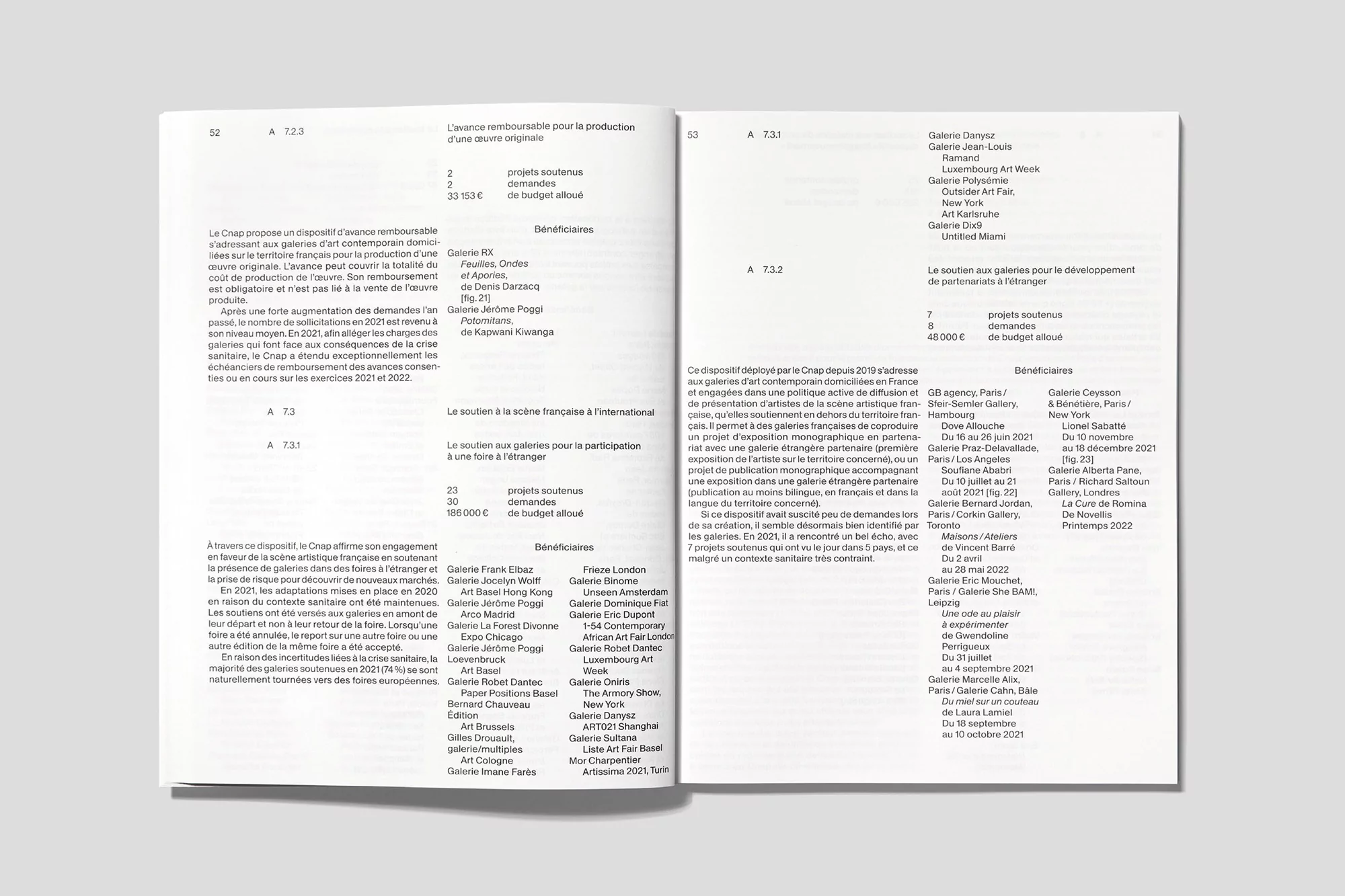 Open publication spread displaying editorial layout with structured typographic columns and data lists.
