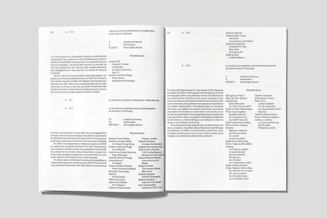 Open publication spread displaying editorial layout with structured typographic columns and data lists.