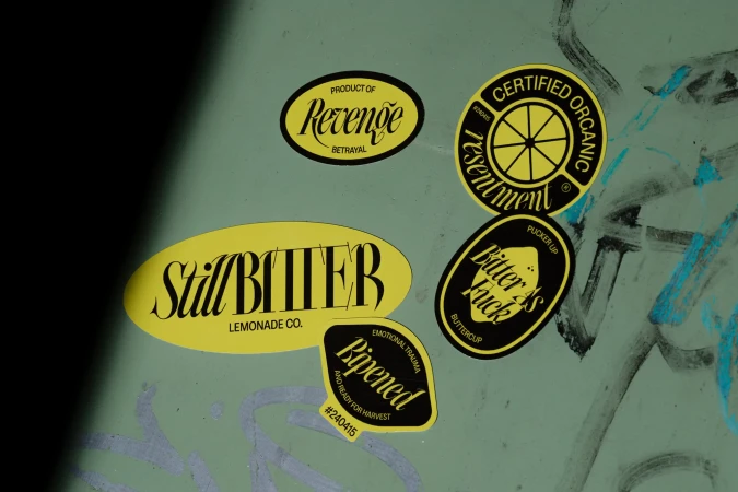 Close-up of colorful, stylized stickers with text such as 'Certified Organic,' 'Revenge,' and 'Still Bitter' on a green surface.
