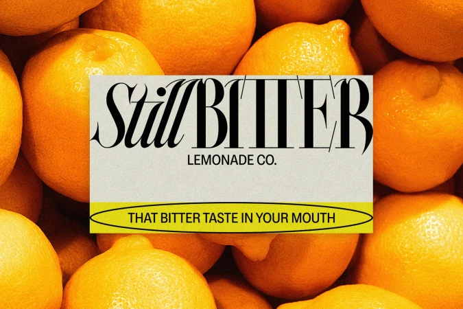 Close-up arrangement of vibrant yellow lemons with a brand identity label overlaid in the center