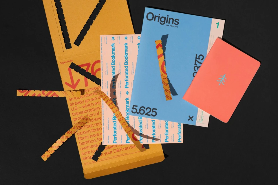 Graphic design layout featuring a mix of perforated bookmarks, paper ephemera, and stationery on a solid black background.