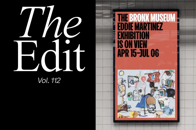 Bronx Museum Eddie Martinez Exhibition poster on tiled wall. The Edit Vol. 112 on black. Bold title, abstract art, public transit setting.