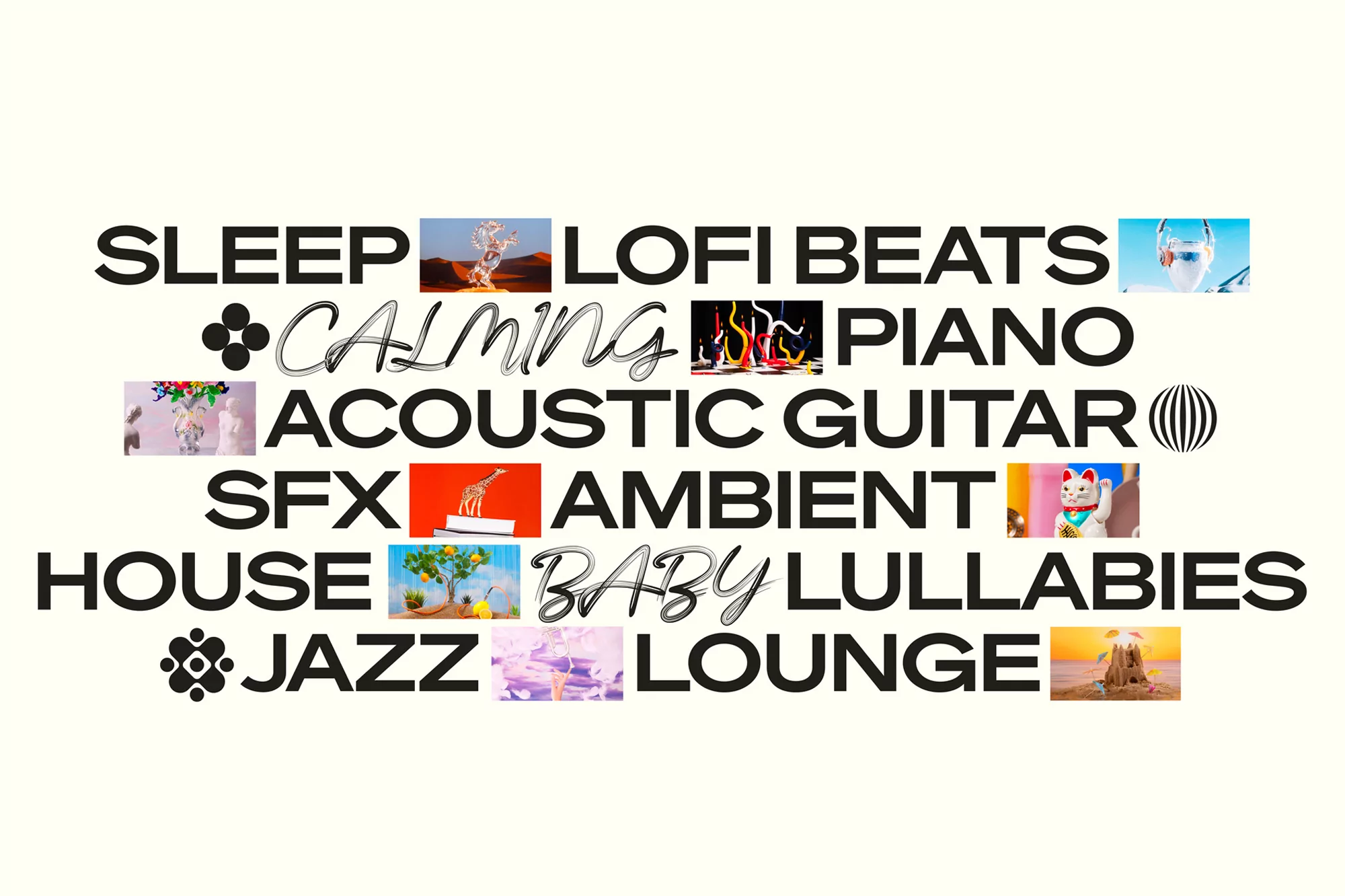Abstract musical themes visualized with text and dreamy photos: sleep, lo-fi, calming, ambient, jazz, piano, house, baby lullabies.