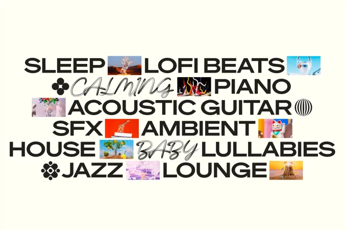 Abstract musical themes visualized with text and dreamy photos: sleep, lo-fi, calming, ambient, jazz, piano, house, baby lullabies.