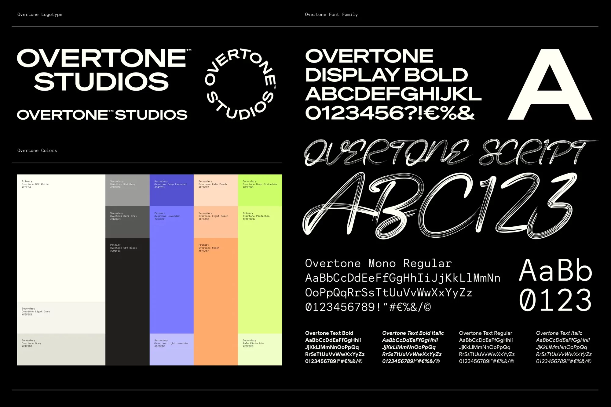 Typography showcasing Overtone Studios logotype, font family with display bold, script, mono regular, text bold, and color palette.