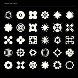 Grid of thirty distinct white geometric graphic icons and abstract symbols displayed on a black background.