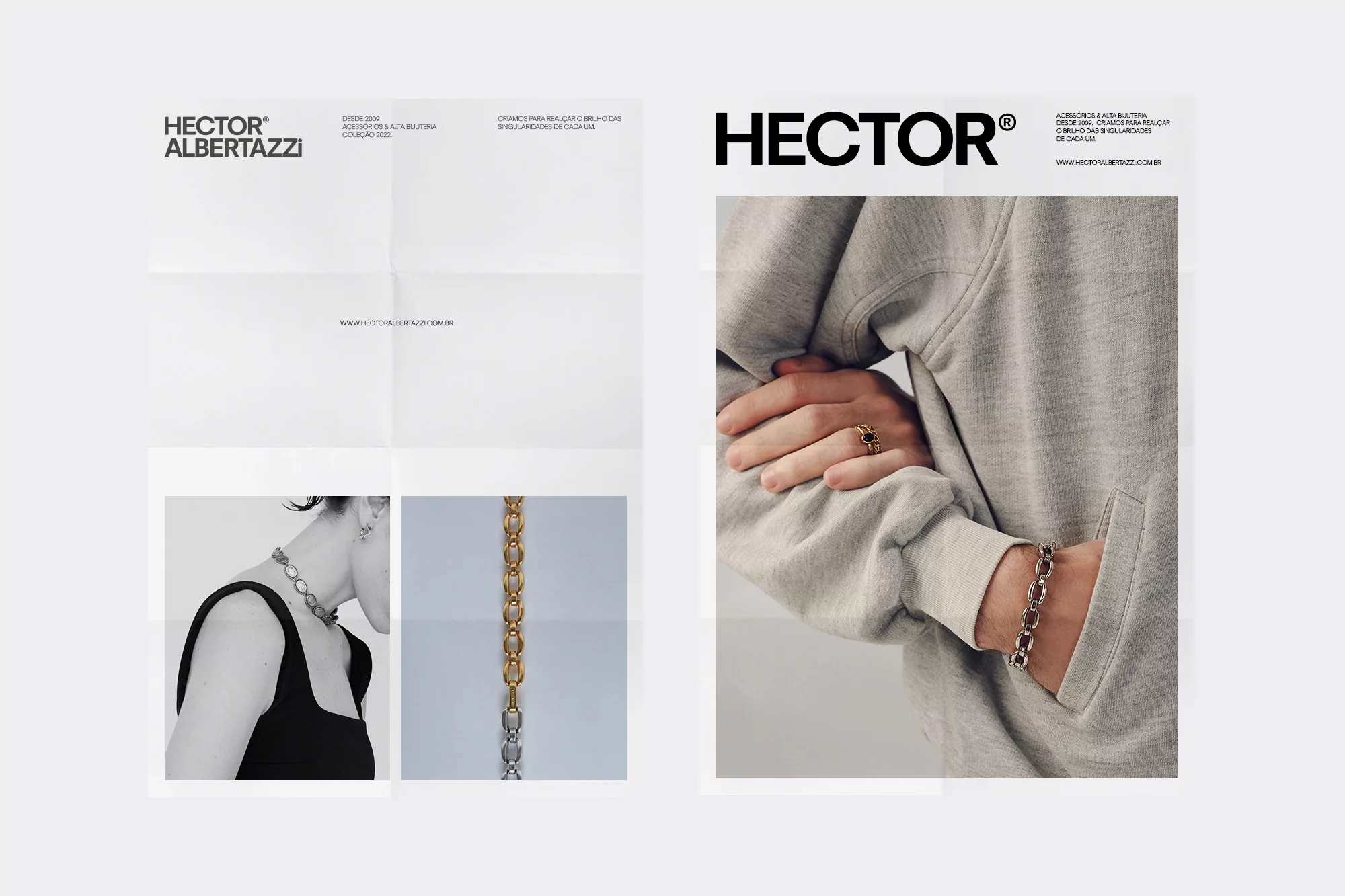 Hector Albertazzi jewellery ad features a model wearing a necklace and a person wearing a ring and bracelet. Jewellery advertisement.