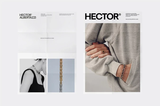 Hector Albertazzi jewellery ad features a model wearing a necklace and a person wearing a ring and bracelet. Jewellery advertisement.