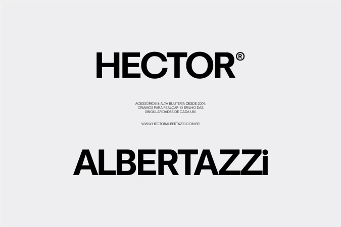 Promotional image featuring the brand names Hector and Albertazzi in bold, black typography against a light background. Simple and clean design.