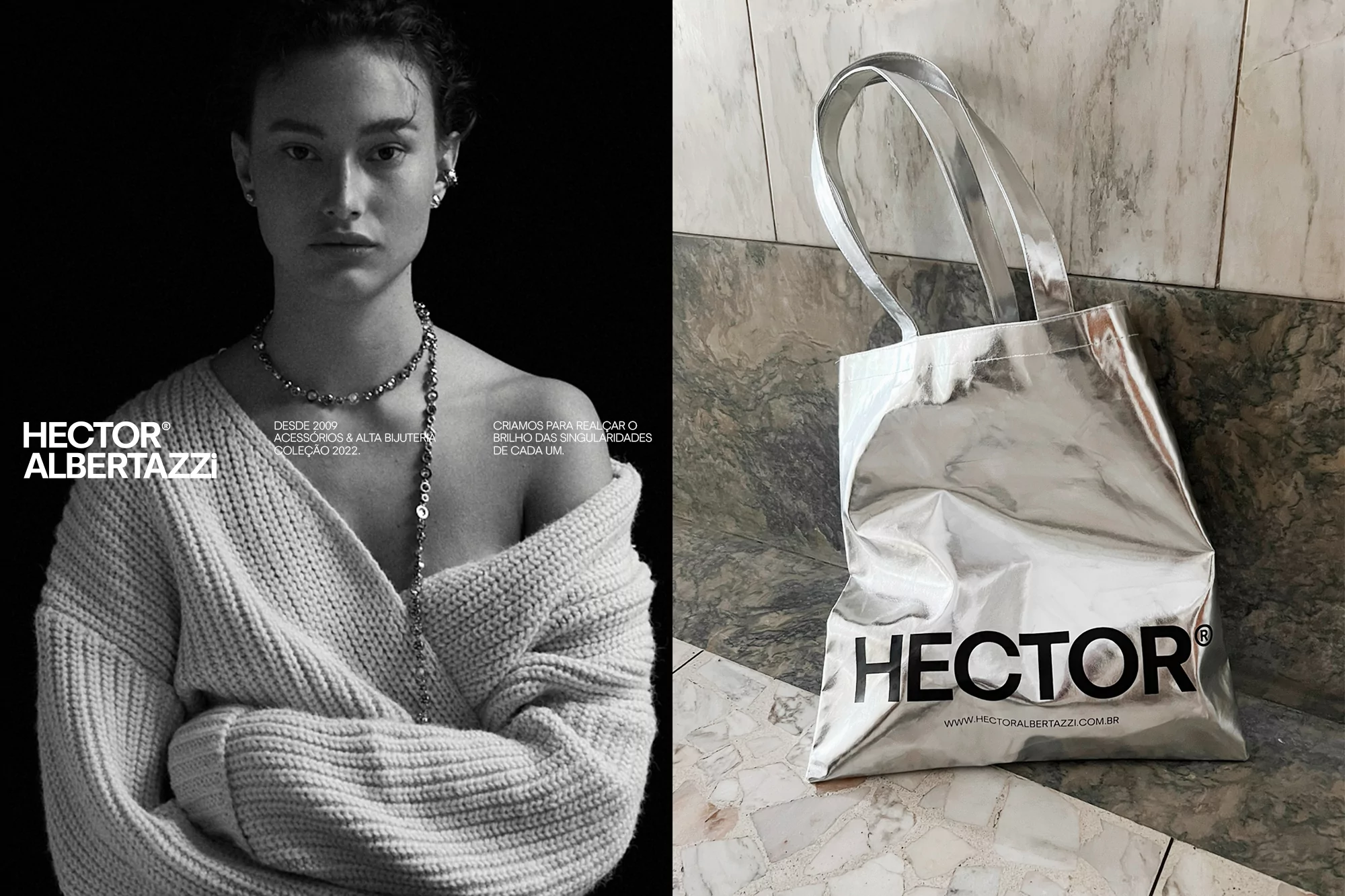 Black and white portrait of a woman with a necklace, alongside a metallic silver Hector Albertazzi branded tote bag on marble.