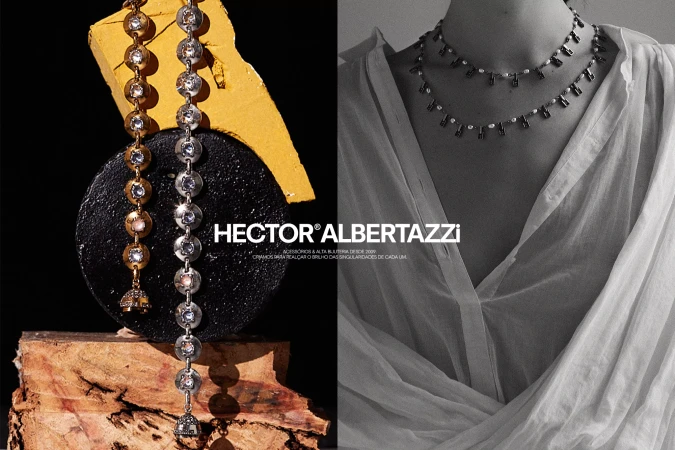 Split view showing a gold and a silver jeweled necklace on the left and a person wearing layered pearl necklaces on the right.