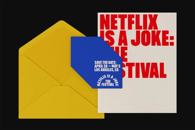 Promotional materials for Netflix Is A Joke Festival, featuring an invitation card, blue insert, and red-lettered promotional poster.