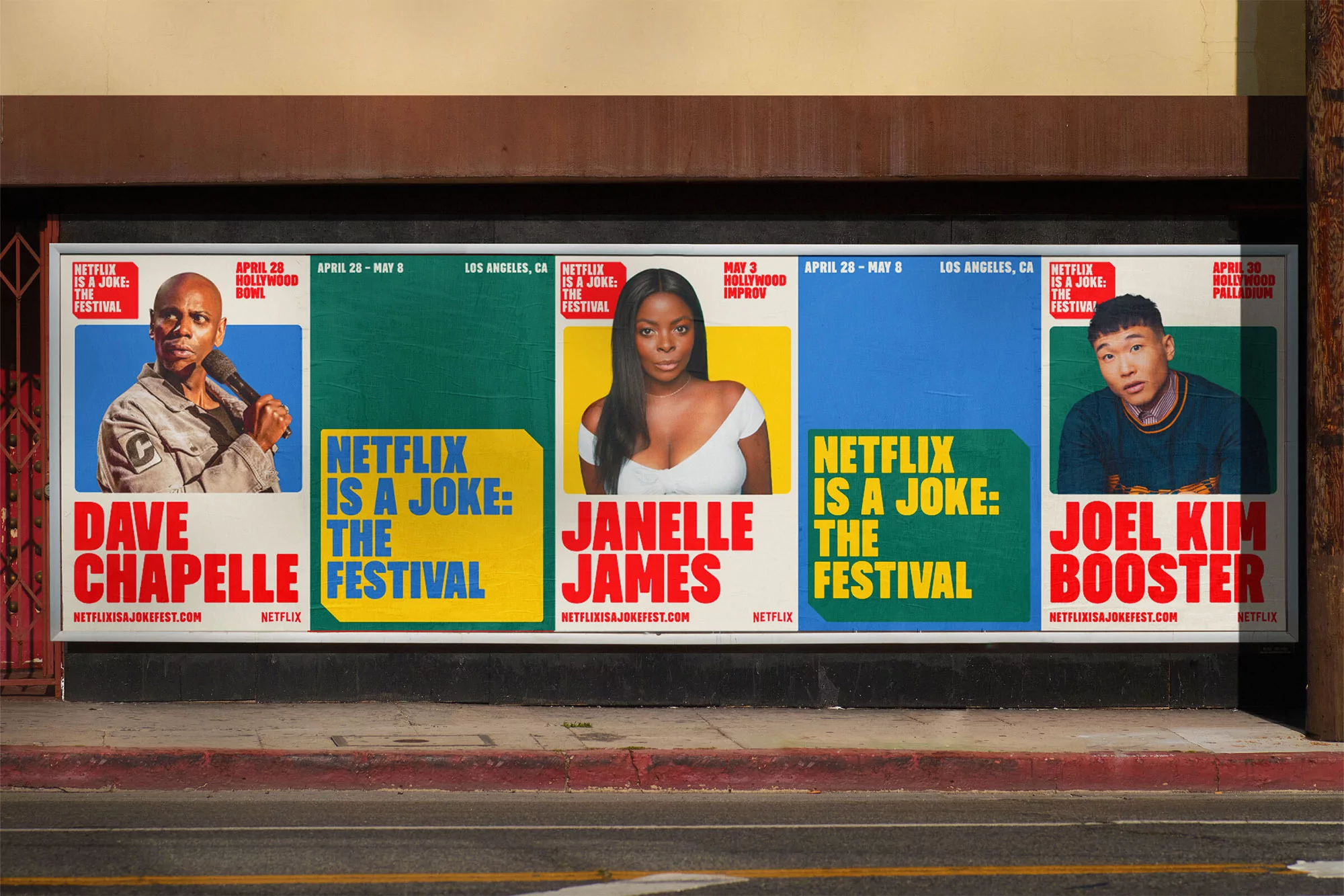 Outdoor view of a promotional billboard in Los Angeles, CA, featuring headshots of comedians Dave Chappelle, Janelle James, and Joel Kim Booster.