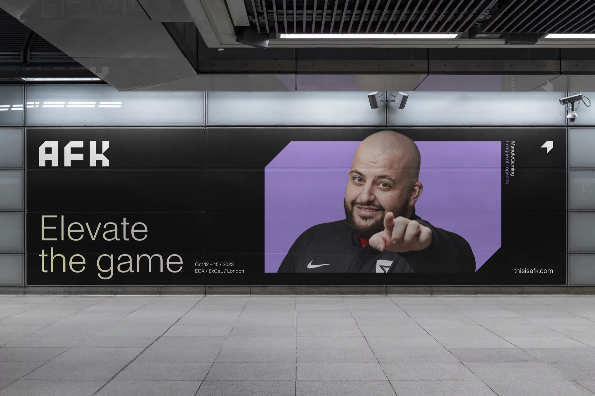 Promotional image featuring a man pointing forward on an AFK advertisement for EGX/ExCeL London, promoting League of Legends.