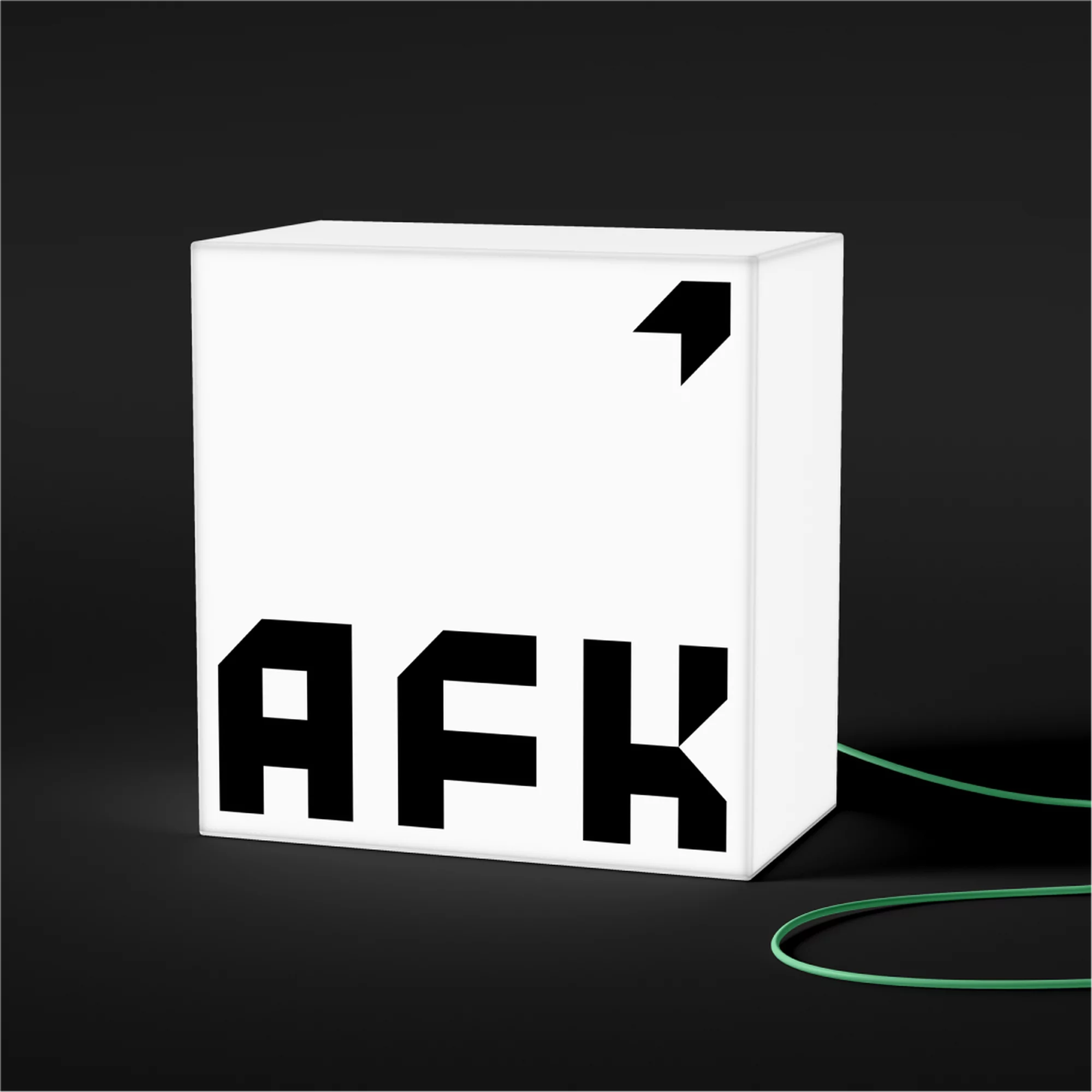 Illuminated white box with the text 'AFK' in bold black letters, accompanied by a smaller black arrowhead on a dark background.