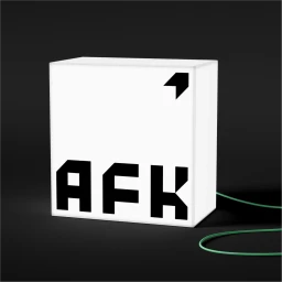 Illuminated white cubic light box featuring black AFK typography and logo against a dark background with a green cord