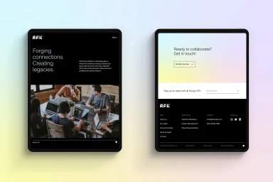 Two tablet devices displaying the digital user interface and brand identity design for AFK against a soft gradient background.