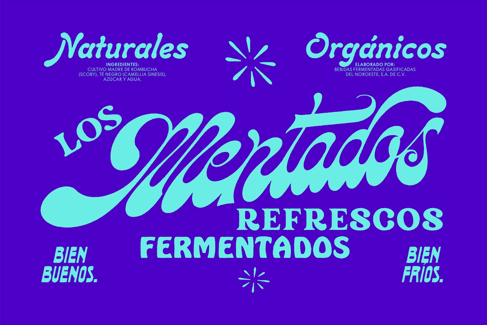 Bold and colorful text-based beverage ad featuring playful typography in light blue against a purple background, promoting 'Los Mentados Refrescos Fermentados.'