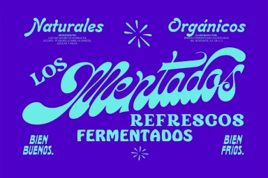 Vibrant purple brand identity design for Mentados featuring flowing turquoise typography and Spanish text.