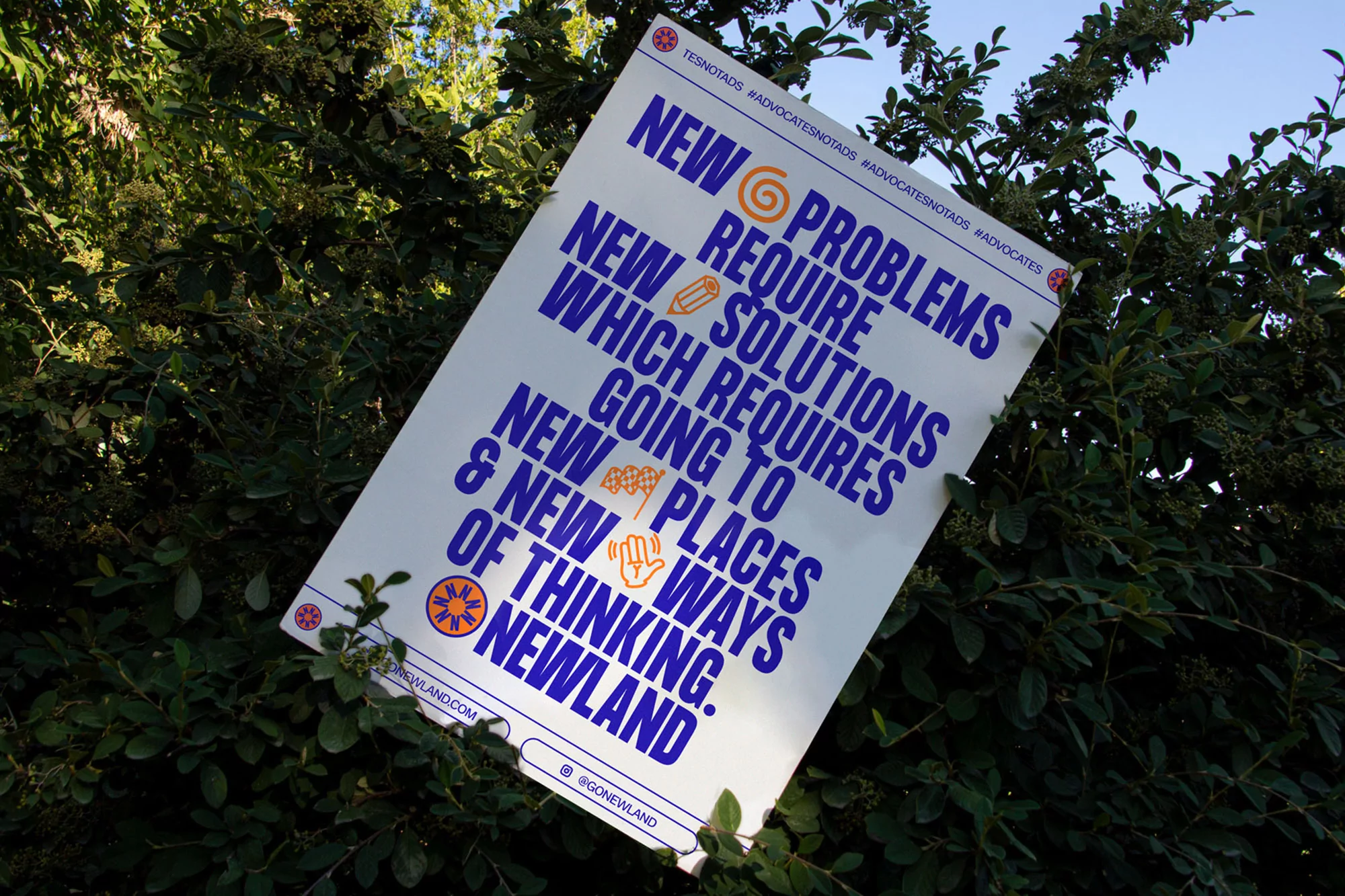 Poster featuring the words 'New Problems Require New Solutions' and more, set against a backdrop of lush green foliage and a bright sky.